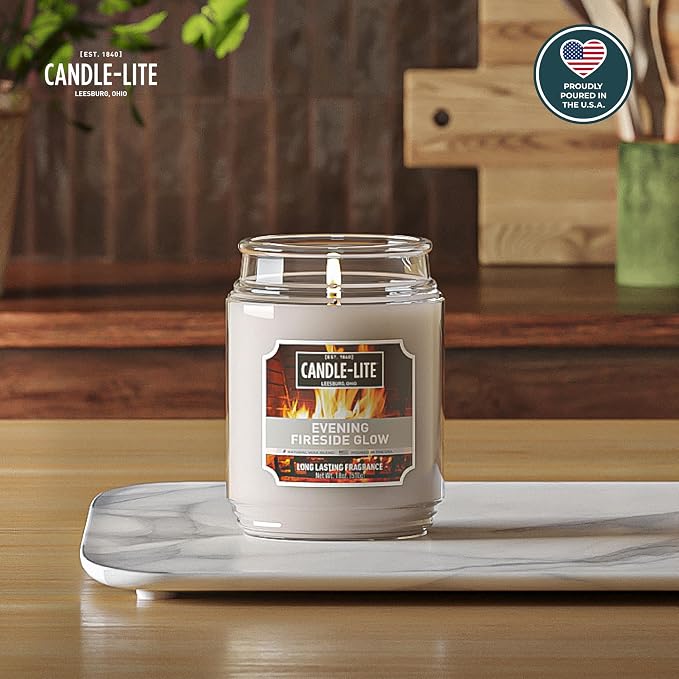 Fall Scented Candles, Evening Fireside Glow, 18 oz Jar, Proudly Poured in The USA, Aromatherapy Candle, Single-Wick with 110