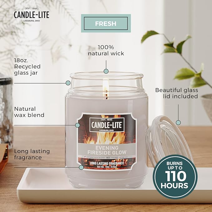 Fall Scented Candles, Evening Fireside Glow, 18 oz Jar, Proudly Poured in The USA, Aromatherapy Candle, Single-Wick with 110