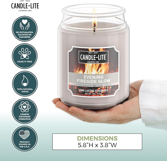 Fall Scented Candles, Evening Fireside Glow, 18 oz Jar, Proudly Poured in The USA, Aromatherapy Candle, Single-Wick with 110