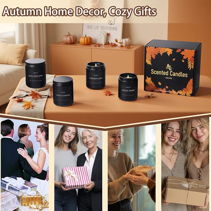 Fall & Winter Holiday Candle Set – 4-Pack Cozy Soy Candles with Pumpkin Vanilla, Cinnamon Apple, alternate product view 6