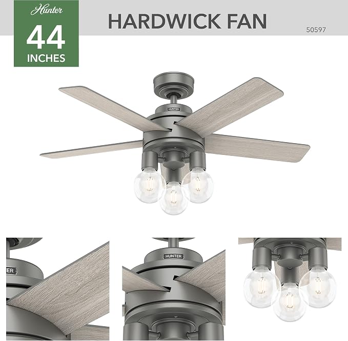 Fan Company, 50597, 44 inch Hardwick Matte Silver Ceiling Fan with LED Light Kit and Handheld Remote, alternate product view