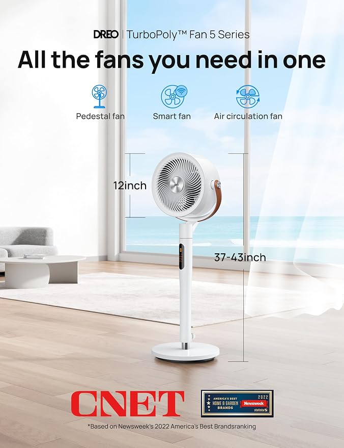 Fan for Bedroom, 100ft Standing Fans for Home, 120°+105° Smart Oscillating Pedestal Fans with Wi-Fi/Voice Control, DC Motor