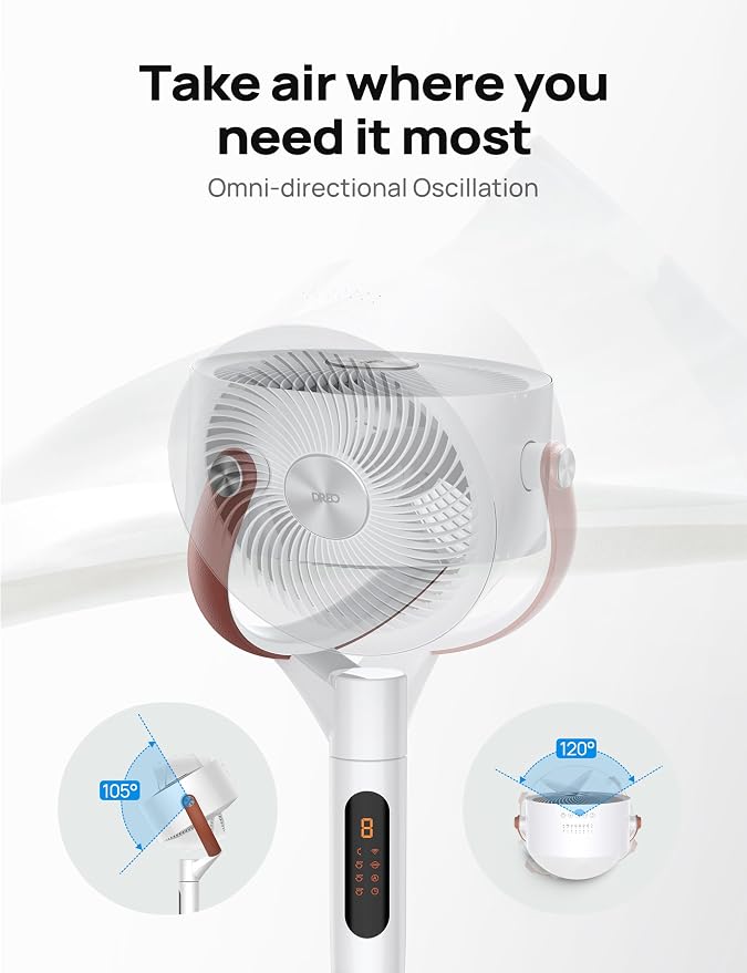 Fan for Bedroom, 100ft Standing Fans for Home, 120°+105° Smart Oscillating Pedestal Fans with Wi-Fi/Voice Control, DC Motor