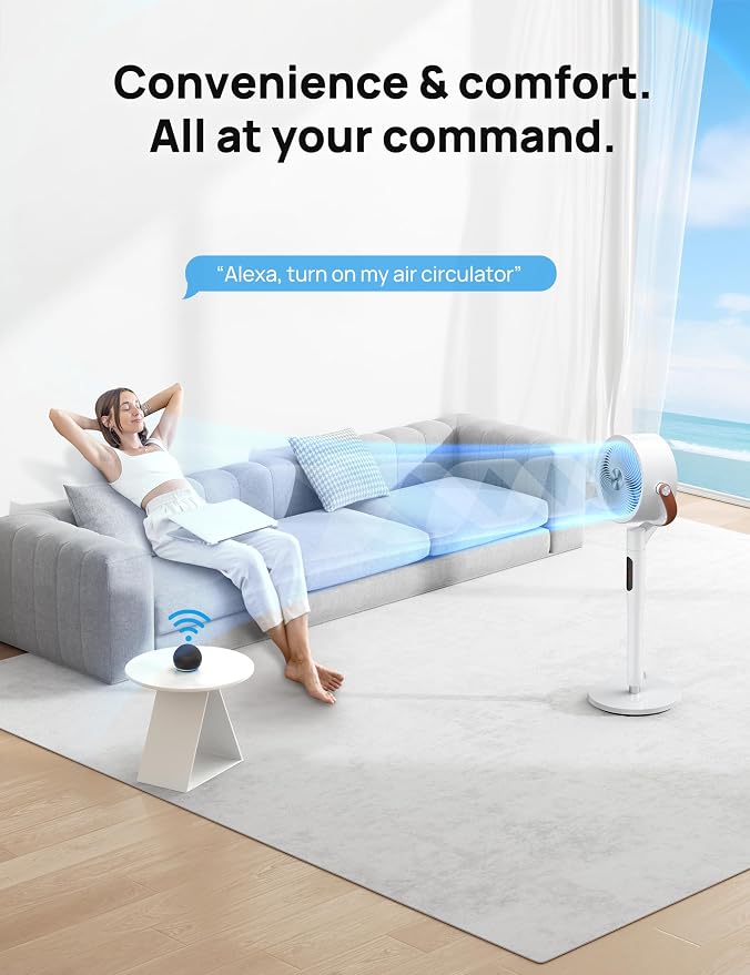 Fan for Bedroom, 100ft Standing Fans for Home, 120°+105° Smart Oscillating Pedestal Fans with Wi-Fi/Voice Control, DC Motor