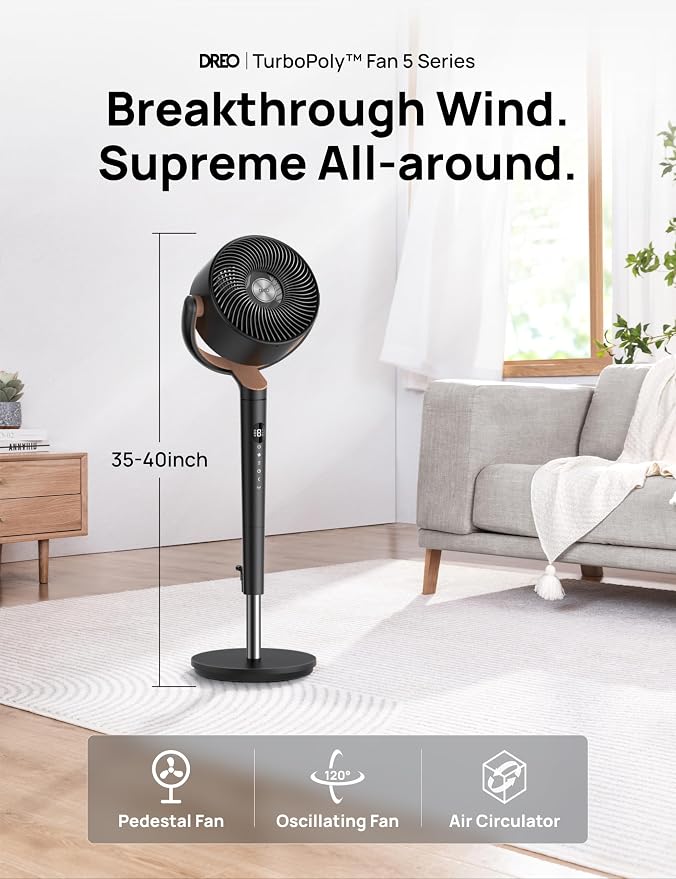 Fan for Bedroom, 120°+120°Omni-directional Oscillating Fan, 90ft, DC Motor, 20 dB Quiet Standing Pedestal Fans, 8 Speeds, 3