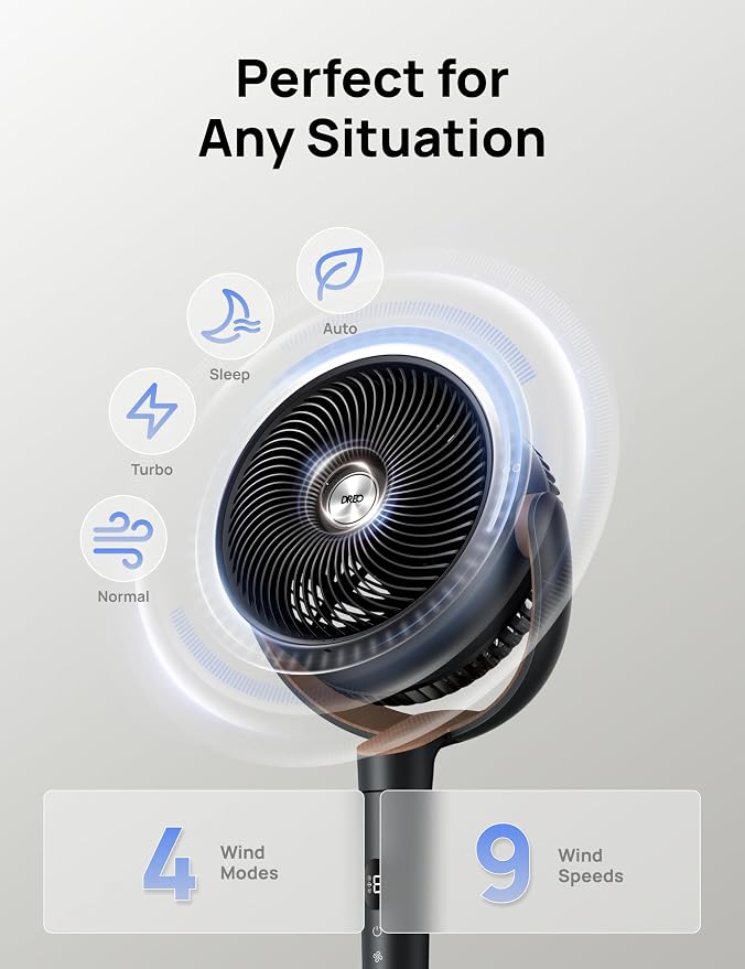 Fan for Bedroom, 120° Oscillating Standing Fan, Quiet Floor Fan with DC Motor, Pedestal Fan for Room, 9 Speeds, 4 modes