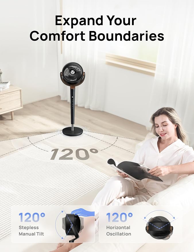 Fan for Bedroom, 120° Oscillating Standing Fan, Quiet Floor Fan with DC Motor, Pedestal Fan for Room, 9 Speeds, 4 modes