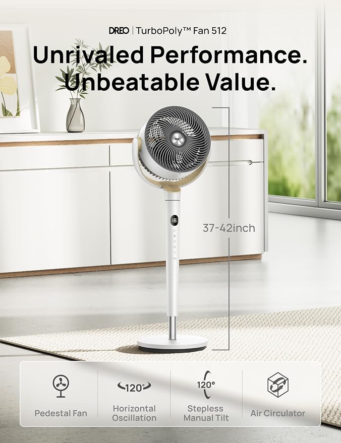 Fan for Bedroom, 120° Oscillating Standing Fan, Quiet Pedestal Fan with DC Motor, 9 Speeds, 4 modes, 20dB, 120° Manual
