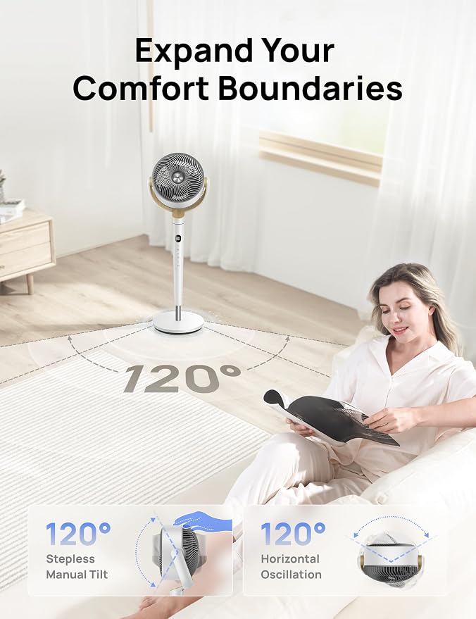 Fan for Bedroom, 120° Oscillating Standing Fan, Quiet Pedestal Fan with DC Motor, 9 Speeds, 4 modes, 20dB, 120° Manual