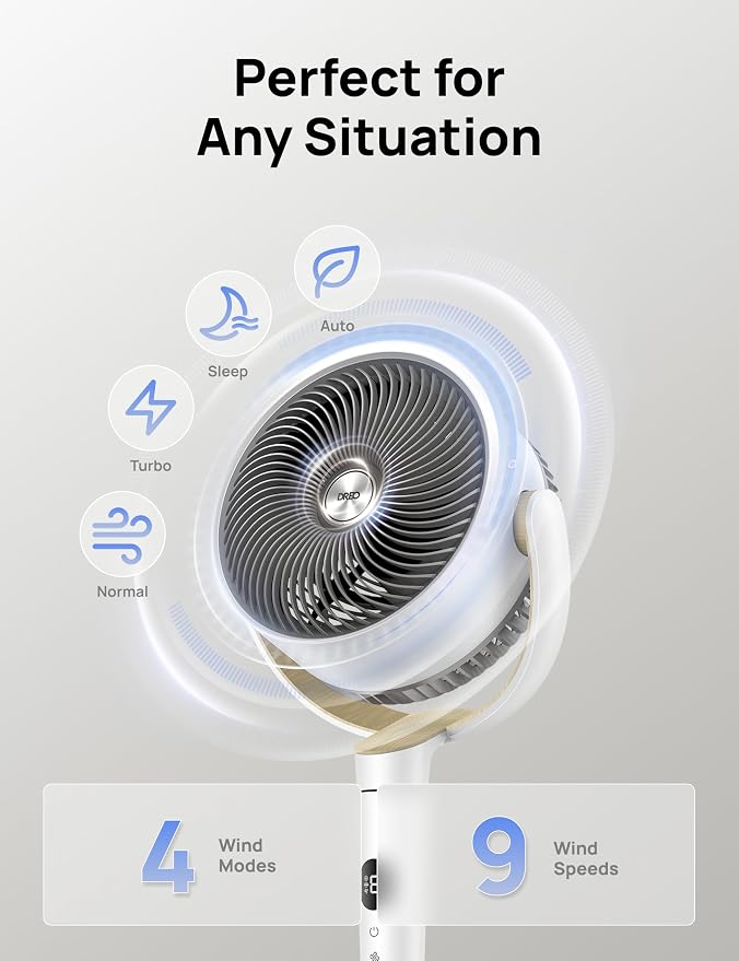 Fan for Bedroom, 120° Oscillating Standing Fan, Quiet Pedestal Fan with DC Motor, 9 Speeds, 4 modes, 20dB, 120° Manual