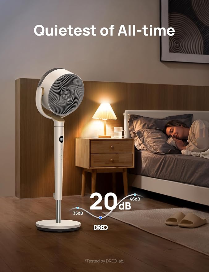 Fan for Bedroom, 120° Oscillating Standing Fan, Quiet Pedestal Fan with DC Motor, 9 Speeds, 4 modes, 20dB, 120° Manual