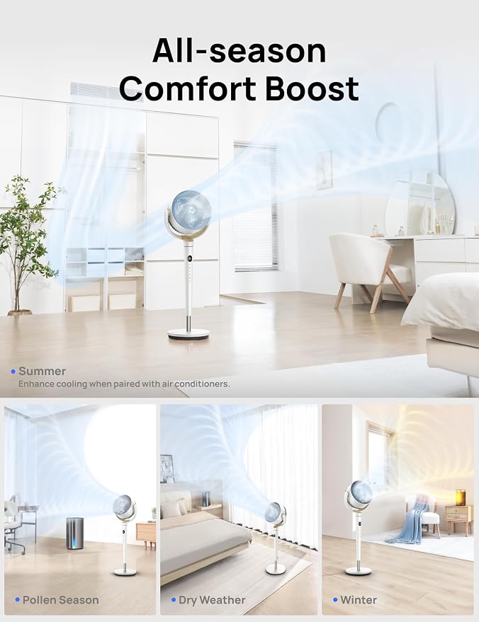 Fan for Bedroom, 120° Oscillating Standing Fan, Quiet Pedestal Fan with DC Motor, 9 Speeds, 4 modes, 20dB, 120° Manual
