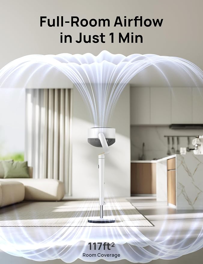 Fan for Bedroom, 120° Oscillating Standing Fan, Quiet Pedestal Fan with DC Motor, 9 Speeds, 4 modes, 20dB, 120° Manual