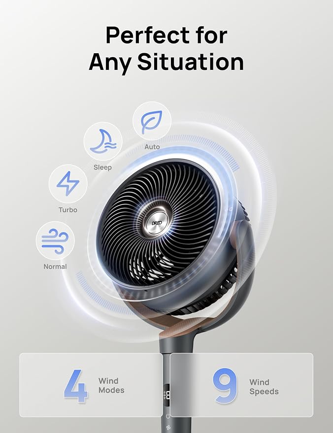 Fan for Bedroom, 120° Oscillating Standing Fans, Quiet Floor Fan with DC Motor, 100ft Pedestal Fans for Room, 9 Speeds, 4