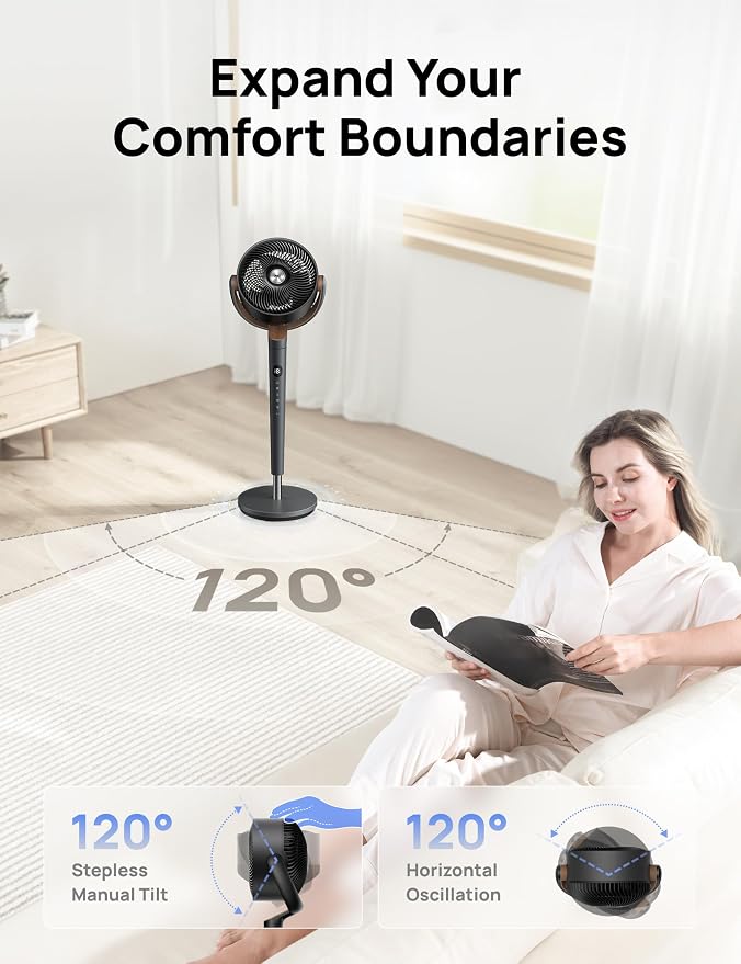 Fan for Bedroom, 120° Oscillating Standing Fans, Quiet Floor Fan with DC Motor, 100ft Pedestal Fans for Room, 9 Speeds, 4
