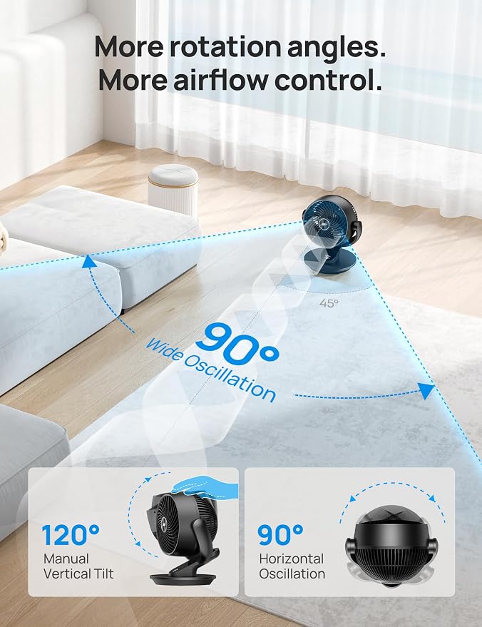 Fan for Bedroom, 13-Inch Oscillating Table Air Circulator Fan for Whole Room, 120° Tilt Adjustment, 28dB Ultra-Quiet, 70ft