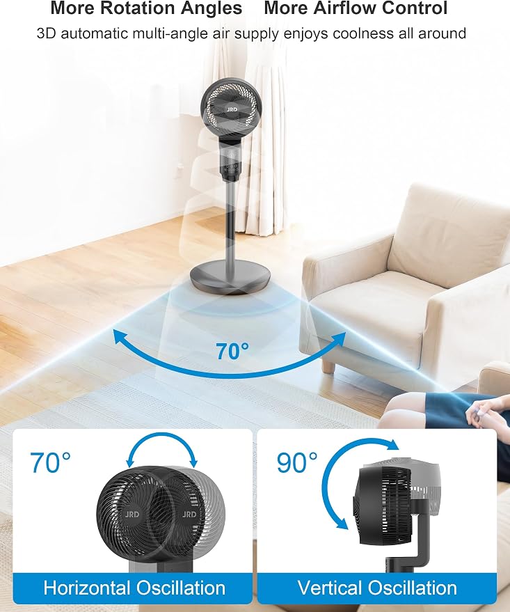 Fan for Bedroom, 70° Oscillating Standing Fans, Quiet Floor Fan, 100ft Pedestal Fans for Room, 6 Speeds, 3 modes,90° Manual