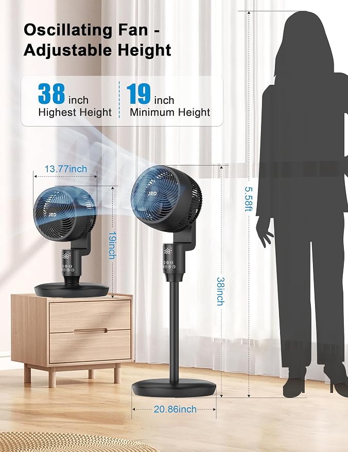 Fan for Bedroom, 70° Oscillating Standing Fans, Quiet Floor Fan, 100ft Pedestal Fans for Room, 6 Speeds, 3 modes,90° Manual