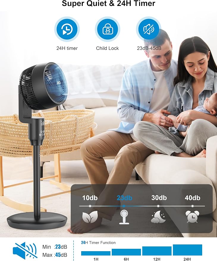 Fan for Bedroom, 70° Oscillating Standing Fans, Quiet Floor Fan, 100ft Pedestal Fans for Room, 6 Speeds, 3 modes,90° Manual