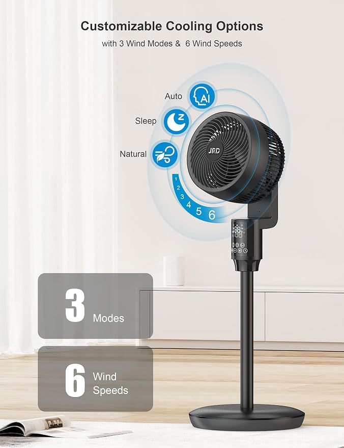 Fan for Bedroom, 70° Oscillating Standing Fans, Quiet Floor Fan, 100ft Pedestal Fans for Room, 6 Speeds, 3 modes,90° Manual