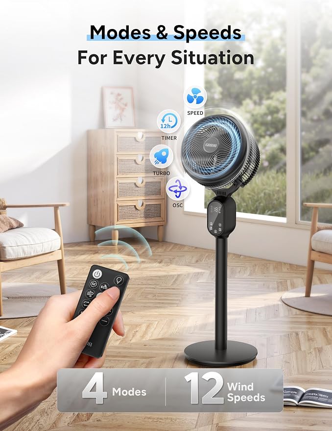 Fan For Bedroom, Pedestal Fans 90°+90° Smart Oscillating, Standing Fans for Home 12 Speeds, 4 modes, 12H Timer, Quiet Floor