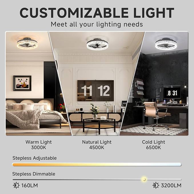 Fandelier Ceiling Fans with Light, 15.7in Low Profile Ceiling Fan with Light and Remote, 3000K-6500K Dimmable, alternate view