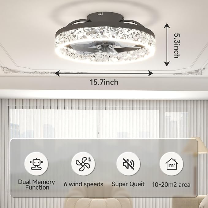 Fandelier Ceiling Fans with Light, 15.7in Low Profile Ceiling Fan with Light and Remote, 3000K-6500K Dimmable, alternate view