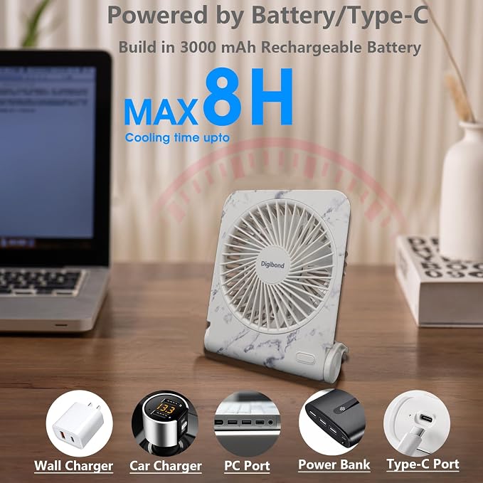 FanFamily USB Fan Small and Powerful 5in 4-Level Speed Rechargeable 5.1in Easy to Carry, alternate product view 3