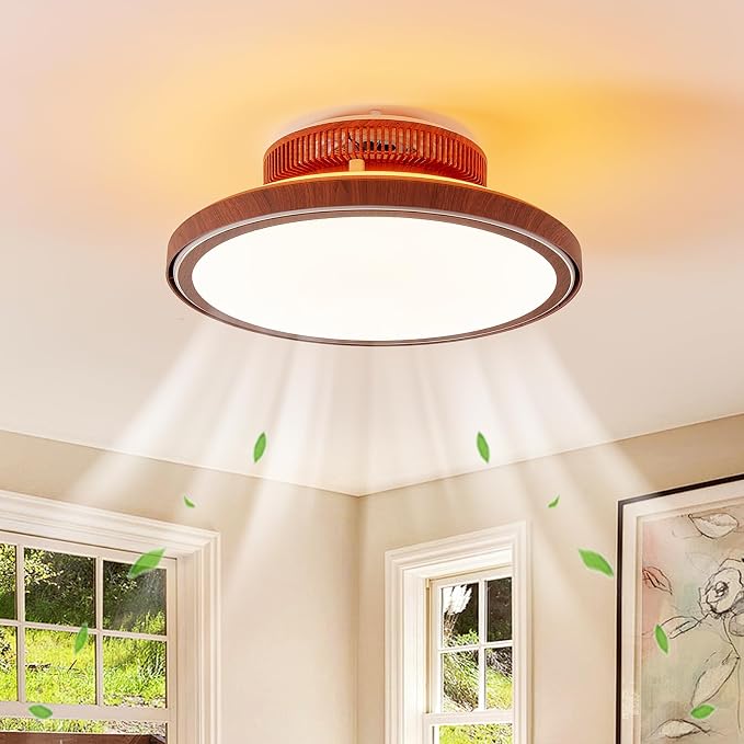Farmhouse Bladeless Ceiling Fan with Lights, 18” Modern Enclosed Flush Mount Ceiling Fan Dimmable LED Chandelier Fan for