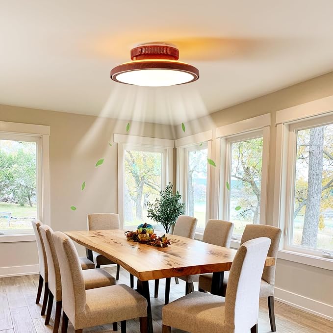 Farmhouse Bladeless Ceiling Fan with Lights, 18” Modern Enclosed Flush Mount Ceiling Fan Dimmable LED Chandelier Fan for