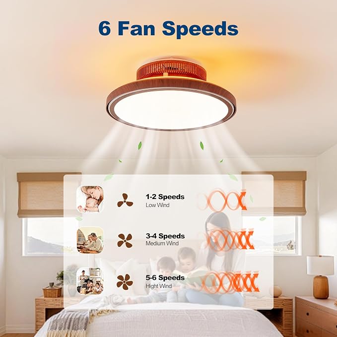 Farmhouse Bladeless Ceiling Fan with Lights, 18” Modern Enclosed Flush Mount Ceiling Fan Dimmable LED Chandelier Fan for