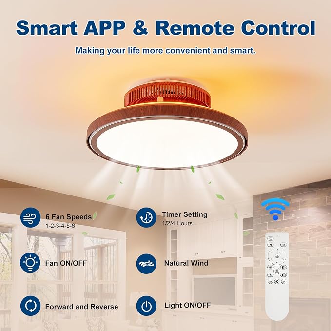 Farmhouse Bladeless Ceiling Fan with Lights, 18” Modern Enclosed Flush Mount Ceiling Fan Dimmable LED Chandelier Fan for