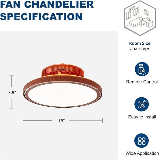 Farmhouse Bladeless Ceiling Fan with Lights, 18” Modern Enclosed Flush Mount Ceiling Fan Dimmable LED Chandelier Fan for