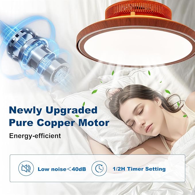 Farmhouse Bladeless Ceiling Fan with Lights, 18” Modern Enclosed Flush Mount Ceiling Fan Dimmable LED Chandelier Fan for