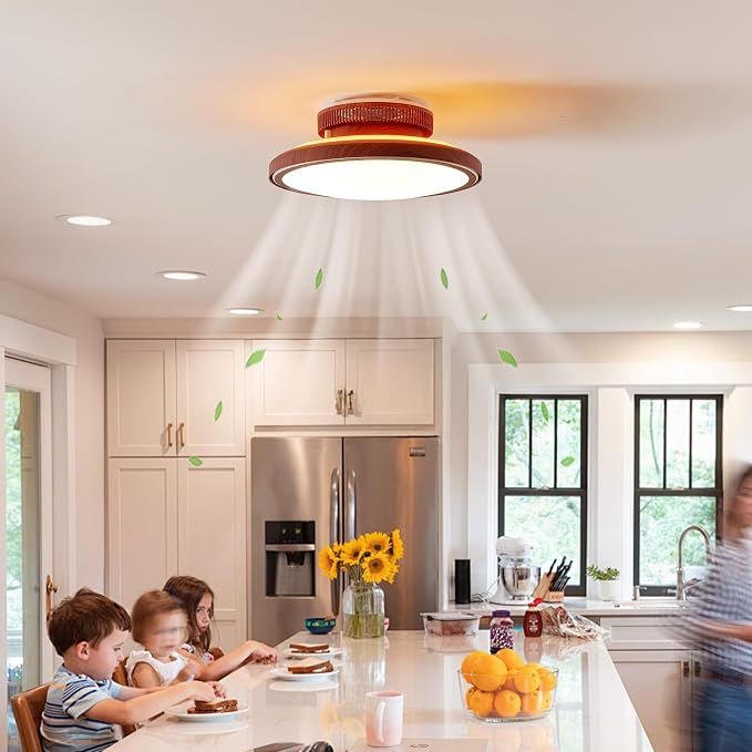 Farmhouse Bladeless Ceiling Fan with Lights, 18” Modern Enclosed Flush Mount Ceiling Fan Dimmable LED Chandelier Fan for
