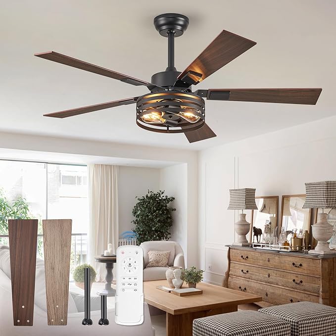 Farmhouse Caged Ceiling Fans with Lights and Remote, 48 Inch Black Bedroom Ceiling Fans for Living Room Kitchen,6 Speed