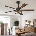Farmhouse Caged Ceiling Fans with Lights and Remote, 48 Inch Black Bedroom Ceiling Fans for Living Room Kitchen,6 Speed