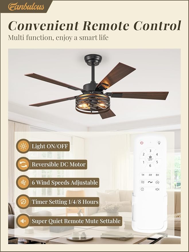 Farmhouse Caged Ceiling Fans with Lights and Remote, 48 Inch Black Bedroom Ceiling Fans for Living Room Kitchen,6 Speed
