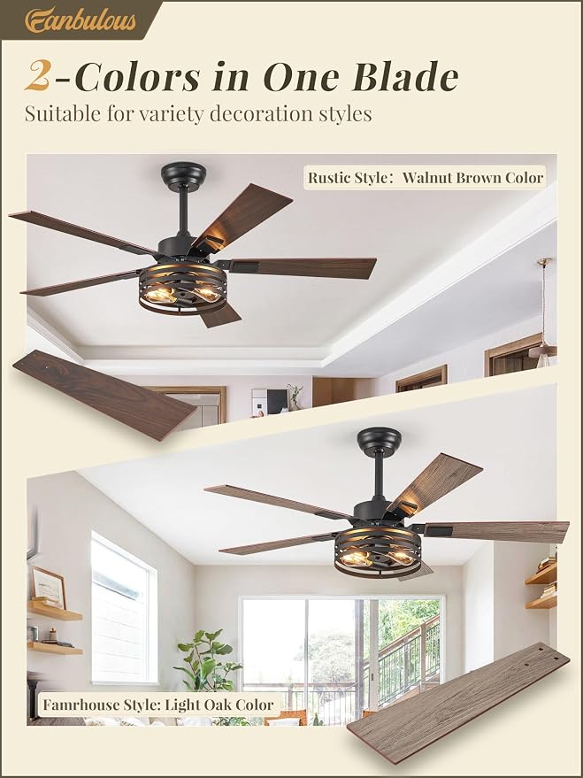 Farmhouse Caged Ceiling Fans with Lights and Remote, 48 Inch Black Bedroom Ceiling Fans for Living Room Kitchen,6 Speed
