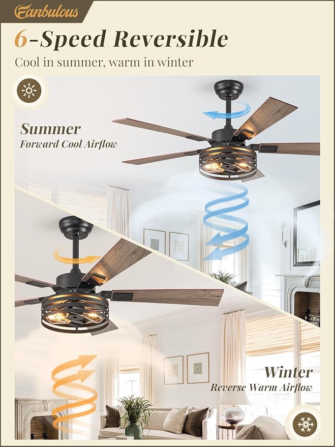 Farmhouse Caged Ceiling Fans with Lights and Remote, 48 Inch Black Bedroom Ceiling Fans for Living Room Kitchen,6 Speed