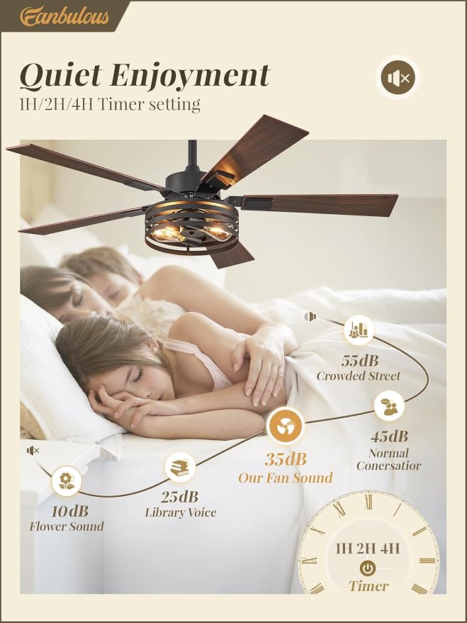 Farmhouse Caged Ceiling Fans with Lights and Remote, 48 Inch Black Bedroom Ceiling Fans for Living Room Kitchen,6 Speed