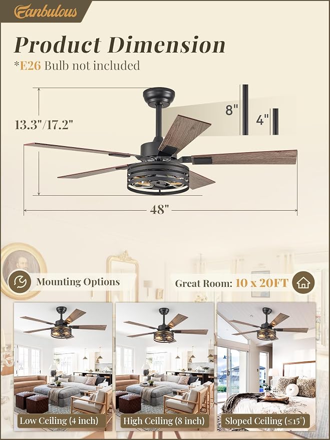 Farmhouse Caged Ceiling Fans with Lights and Remote, 48 Inch Black Bedroom Ceiling Fans for Living Room Kitchen,6 Speed
