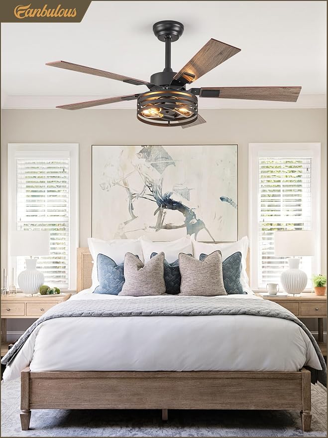 Farmhouse Caged Ceiling Fans with Lights and Remote, 48 Inch Black Bedroom Ceiling Fans for Living Room Kitchen,6 Speed
