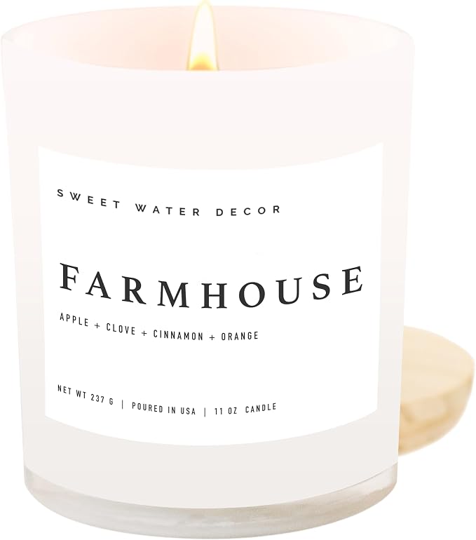 Farmhouse Candle | Autumn, Cinnamon, and Nutmeg, Fall Scented Soy Candles for Home | 11oz White Glass +, product image