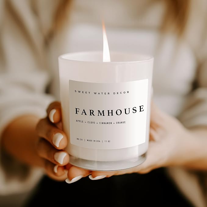Farmhouse Candle | Autumn, Cinnamon, and Nutmeg, Fall Scented Soy Candles for Home | 11oz White Glass +, alternate product
