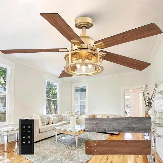 Farmhouse Ceiling Fans with Lights, 52 Inch Ceiling Fan with Remote for Bedroom Living room, Rustic Caged Fandelier with 5