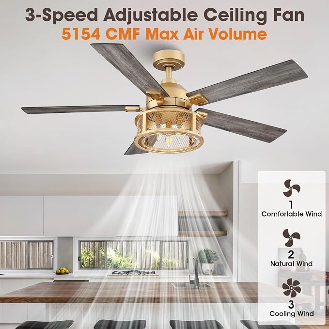 Farmhouse Ceiling Fans with Lights, 52 Inch Ceiling Fan with Remote for Bedroom Living room, Rustic Caged Fandelier with 5