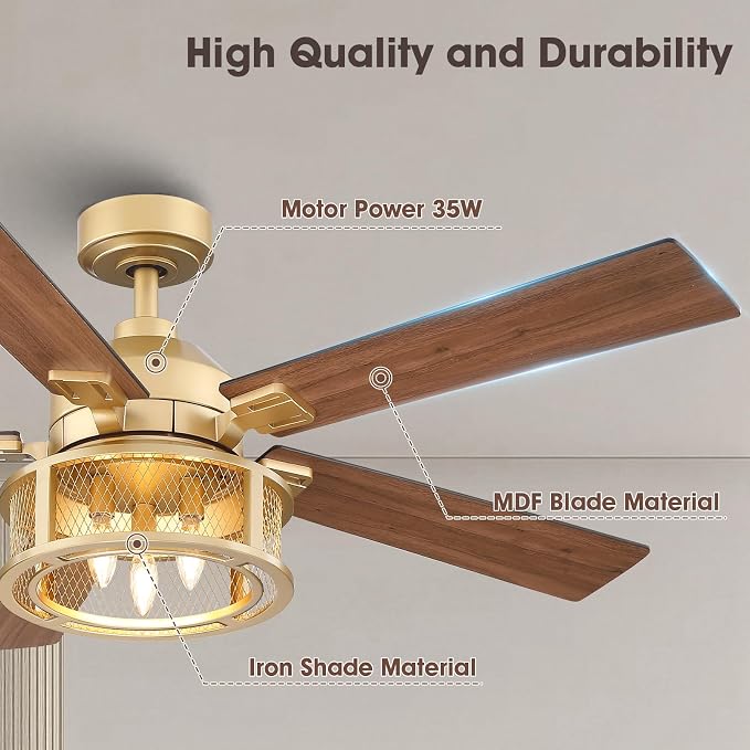Farmhouse Ceiling Fans with Lights, 52 Inch Ceiling Fan with Remote for Bedroom Living room, Rustic Caged Fandelier with 5