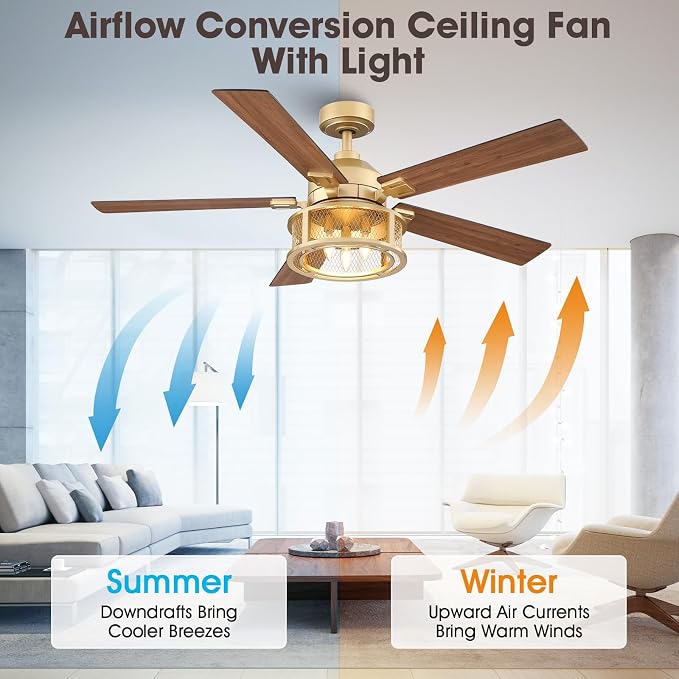 Farmhouse Ceiling Fans with Lights, 52 Inch Ceiling Fan with Remote for Bedroom Living room, Rustic Caged Fandelier with 5