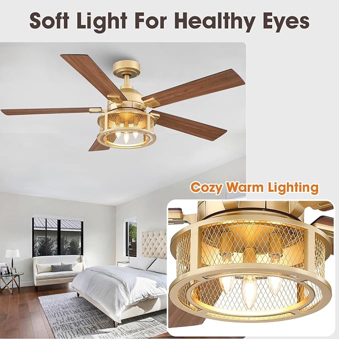Farmhouse Ceiling Fans with Lights, 52 Inch Ceiling Fan with Remote for Bedroom Living room, Rustic Caged Fandelier with 5